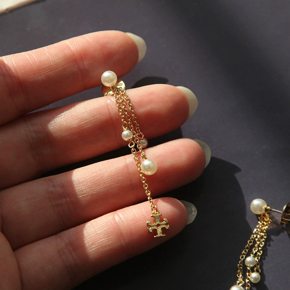 Tory Burch Gold Faux Pearl Linear Double Stud Earrings